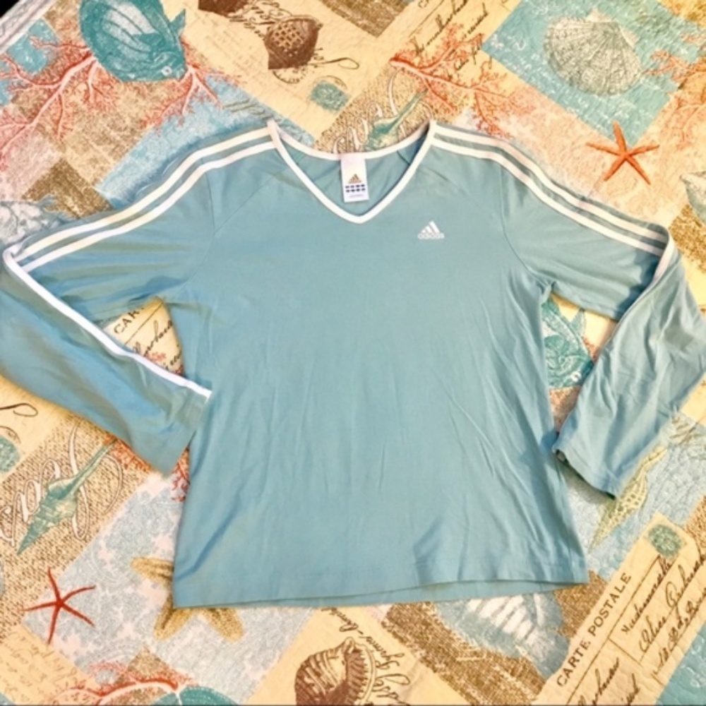 Adidas Long Sleeve Blue & White Sports Athleisure Shirt Size Medium - Picture 3 of 6